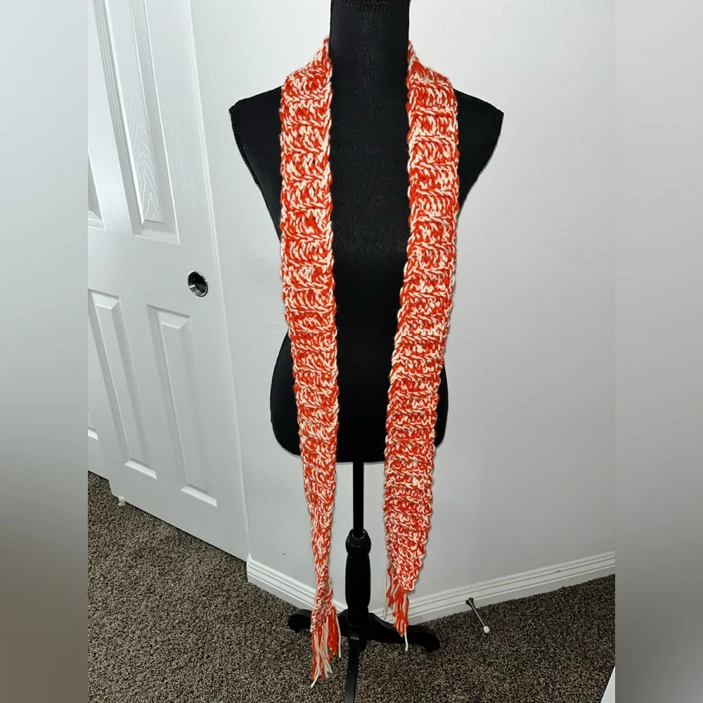 Handmade Orange & White Knit Scarf | Long Cozy Winter Scarf